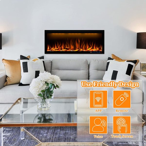 Benrocks BI50Z 50 in. 750 1500W Recessed and Wall Mounted Log and Crystals Fireplace with Remote and App Control Black New Online - Image 5